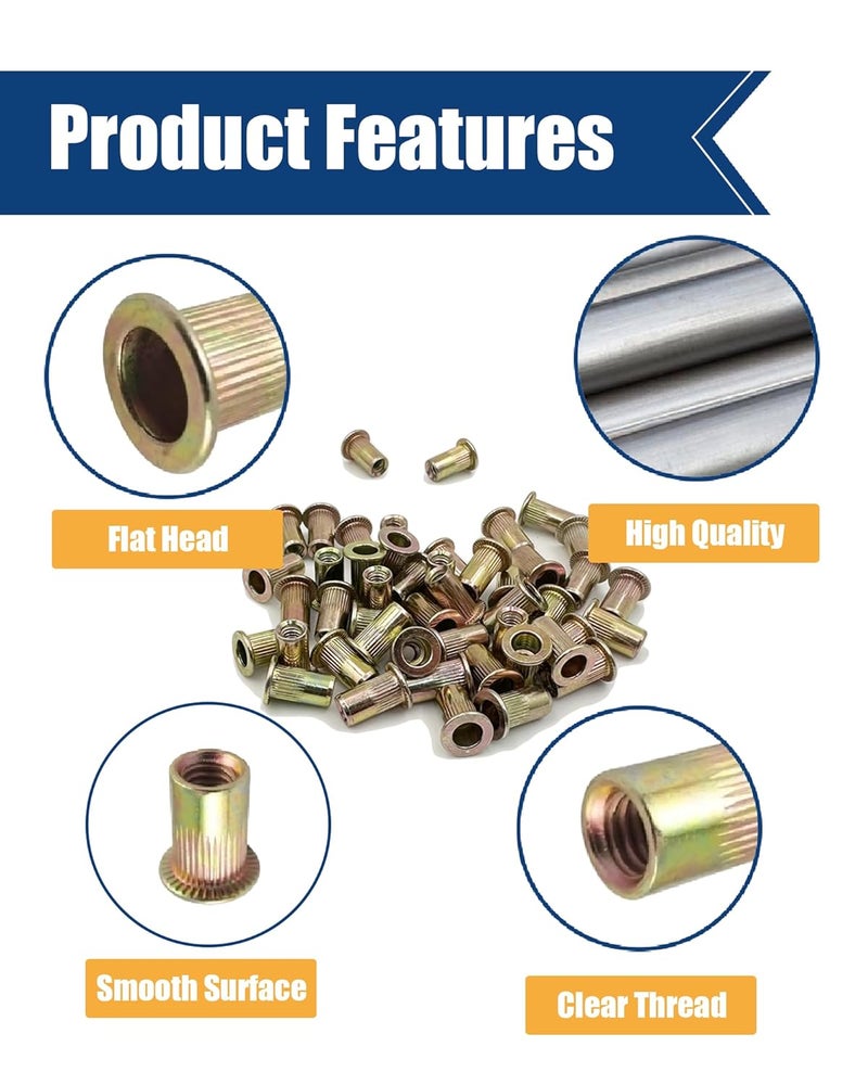ELEFOCUS SAE 216Pcs Rivet Nut Assortment Kit Carbon Steel, Yellow Zinc Plated, Various Sizes #8-32, #10-24, 1/4"-20, 3/8"-16, 5/16"-18 UNC Rivet nut Threads - Image 4